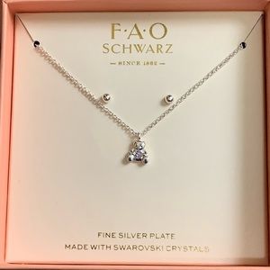 NWT FAO Schwarz silver plated teddy bear necklace and earring set